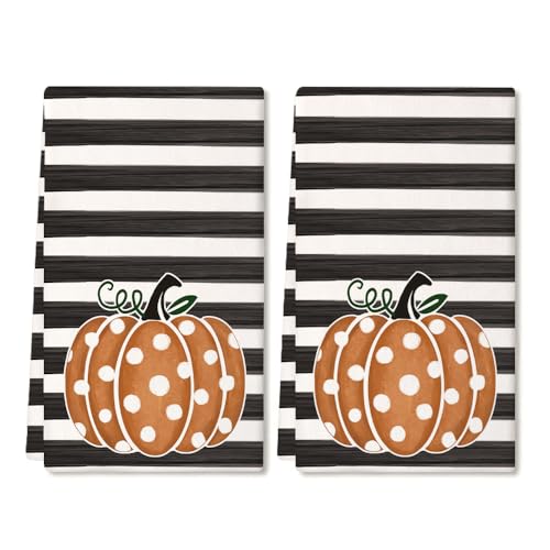 Arkeny AD006-V2 Fall Kitchen Towels For Fall Decor,Orange Pumpkin Polka Dot Stripes Autumn Dish Towels 18X26 Inch,Farmhouse Home Thanksgiving Harvest Vintage Decorations Set Of 2 Ad006-V2 cover