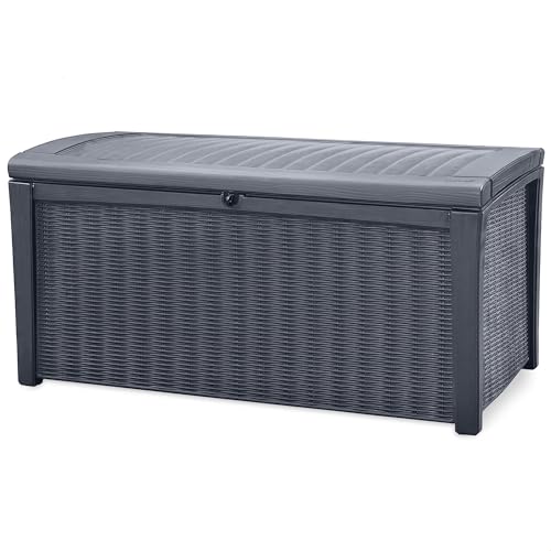Keter Outdoor Storage Deck Box for Patio, Backyard & Garden, Borneo, 110 Gal, Grey - Lockable, Organizing, and Waterproof Plastic Container Bench
