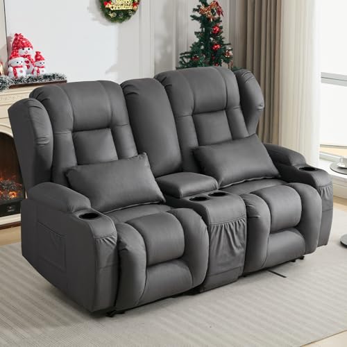 SAMERY 65.5" RV Loveseat Recliner Double Recliner RV Sofa & Console | Wall Hugger Loveseat Reclining RV | RV Theater Seats | RV Couch | RV Home Theater Seating Furniture (Fabric Gray)