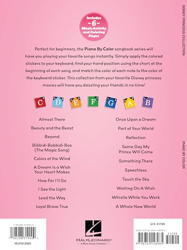 Piano-by-Color - Disney Princess Collection | Piano Sheet Music Songbook by Various | Color Coded Notation with Matching Stickers | 20 Disney Princess Songs and Bonus Activities for Kids - Image 2