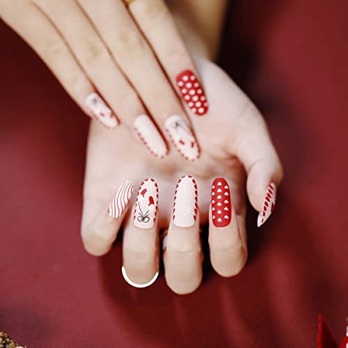 WRBJAIS Christmas Fake Nail, Stiletto Long Coffin Press on Nail Full Cover False Kits Xmas Adhesive Tabs, Red Acrylic Prom Snowflake Tree Elk Design Art Decoration for Women Girl (2)