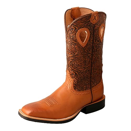 Twisted X Women's Ruff Stock Boot - Mid-calf Full-grain Leather Western Cowboy Boots with Floral Embroidery in Oiled Bomber, Tan & Tooled Brown, 8.5 B