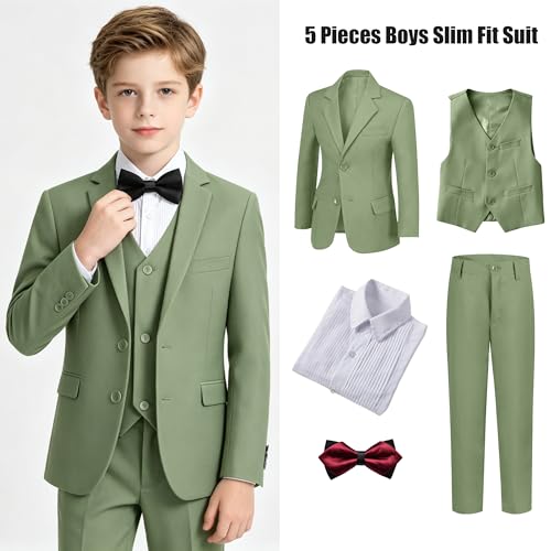Image of Boys' Formal Suit 5 Piece Slim Fit Suits for Boy Kids Tuxedo Toddler Wedding Ring Bearer Outfit Teen Communion Dress