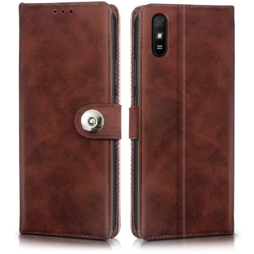 Image of WOW IMAGINE Shock Proof Flip Cover Back Case for Xiaomi Mi Redmi 9A | 9i | 9A Sport (Magnetic Button Flip Case | Wallet Pockets & Stand | Leather Finish | Coffee)