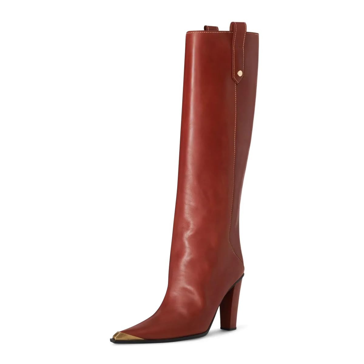 XYD Women Block Heel Knee High Boots Chic Metal Gold Cap Pointed Toe Stretchy Leather Autumn Winter Fashion