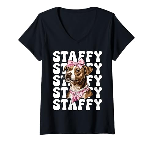 Womens Staffy Staffordshire Bull Terrier Dog Girl Coquette Bow Pink V-Neck T-Shirt