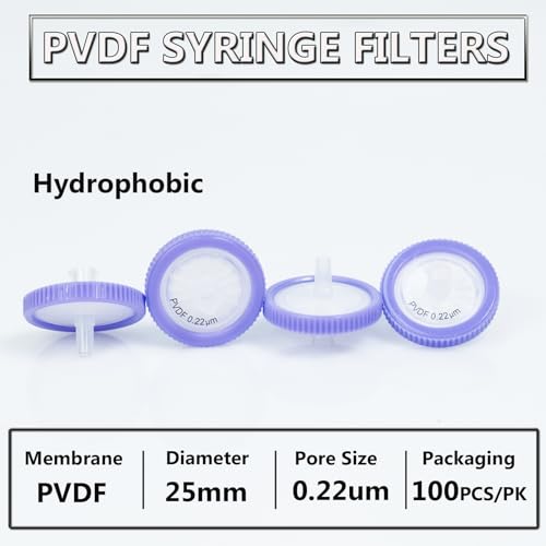 Image of Syringe Filters PVDF Hydrophobic Filtration 0.22um Micron Pore Size 25mm Membrane Diameter Lab PVDF Membrane Disc Non-Sterile by Labfil, Pack of 100
