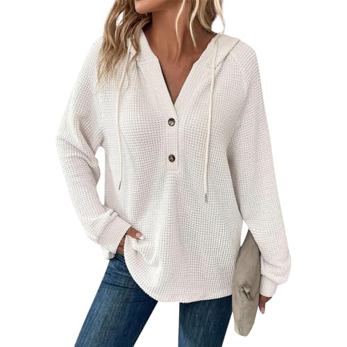 Oversized Hoodies Womens Lightweight Sweaters Waffle Knit Drawstring Button V Neck Long Sleeve Casual Pullover Sweatshirt Hooded Tops Small White