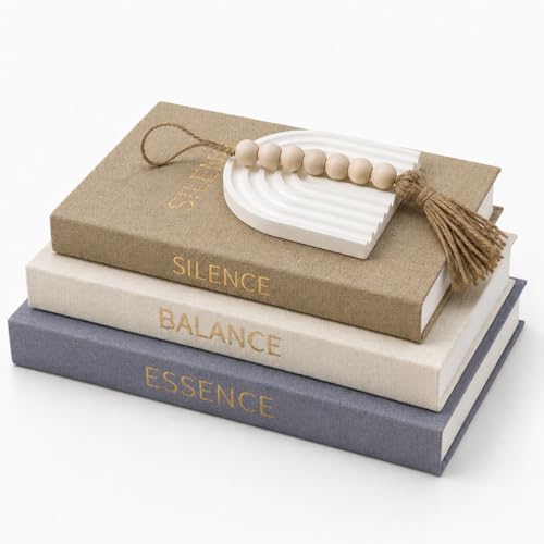 Loukaii Decorative Linen Books Set of 3 with Tray and Wood Bead Tassel Ornament, Faux Books with Hidden Storage for Coffee Table Decor, Bookshelf Styling and Neutral Home Display
