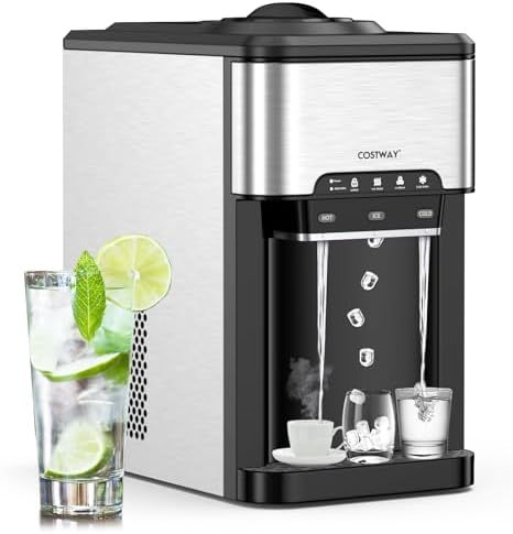 COSTWAY Water Dispenser with Ice Maker, Hold 3-5 Gallon Bottle, 3-in-1 Countertop Top-Loading Hot Cold Water Cooler Machine for Home Office, Safety Lock, 48Lbs/24H, 12 Cubes, 4Lbs Storage Basket