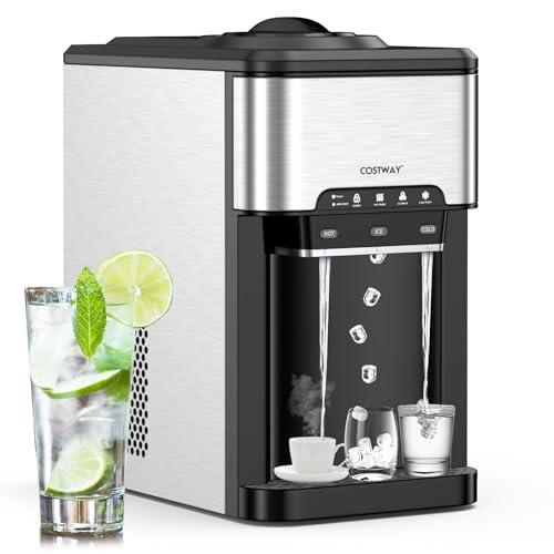 COSTWAY Water Dispenser with Ice Maker, Hold 3-5 Gallon Bottle, 3-in-1 Countertop Top-Loading Hot Cold Water Cooler Machine for Home Office, Safety Lock, 48Lbs/24H, 12 Cubes, 4Lbs Storage Basket