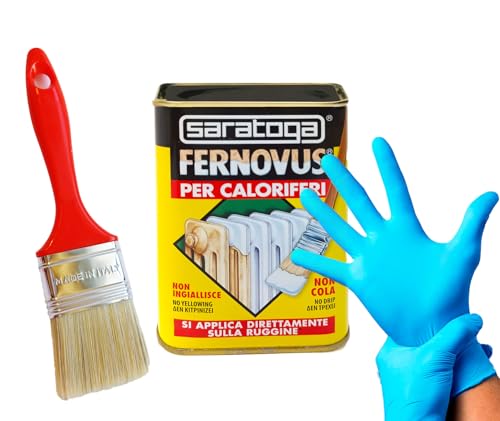 DMS Fernovus Smalto INODORE PER CALORIFERI - RESISTENTE ALLE TEMPERATURE - Colore BIANCO NEVE Satinato in conf da 750 ml con guanti nitrile e pennello inclusi!!! Bundle