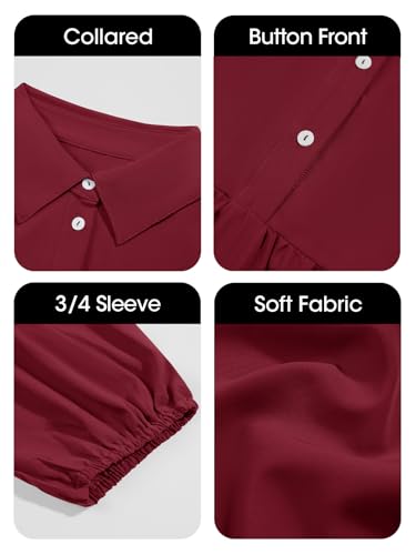 Image of Wenrine Womens Casual 3 /4 Sleeve Shirt Dress Button Down V Neck Tiered Collared Flowy Maxi Dress
