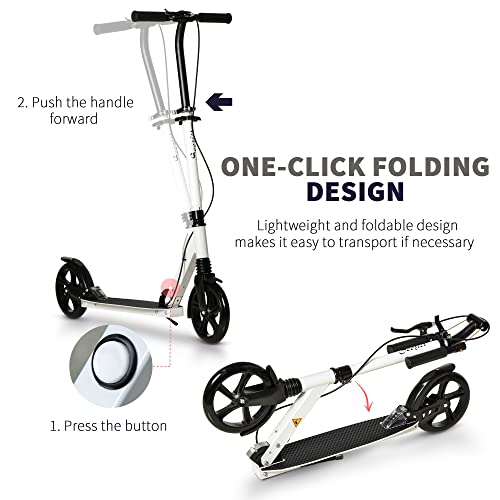 Soozier Foldable Kick Scooter For Teens Ages 12 Years And Up, Lightweight Scooters With Big Wheels, Adjustable Handlebars, One-Kick Open Mechanism And Dual Brakes System For Adult Teenage, White #TOP4
