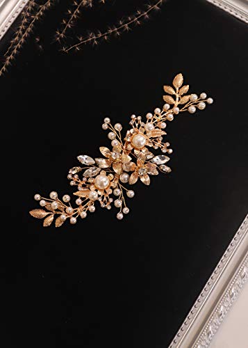 BERYUAN Large Gold Hair Clip for Women Pearl Flower Rhinestone Wedding Hair Accessory Gift for Her and Girl Crystal Party Headress for Bride Bridesmaid (gold)