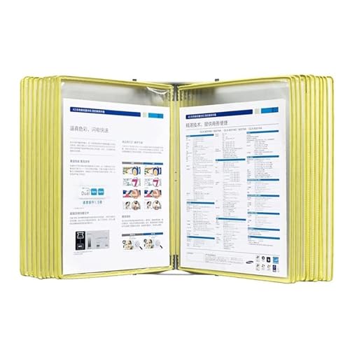 Présentoir à pages tournantes jaune idéal pour l'organisation visuelle d'un atelier créatif