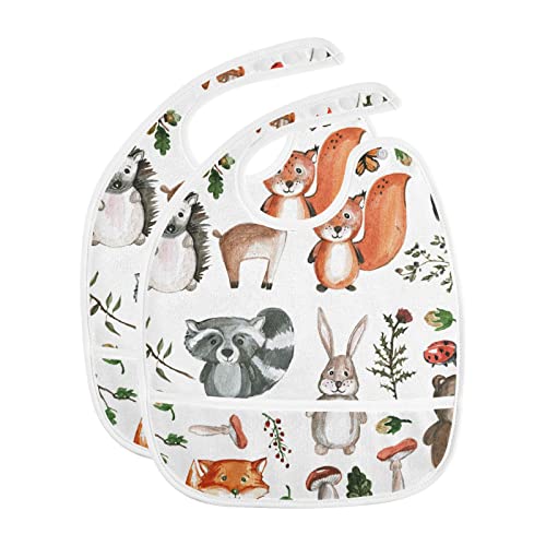 Mchiver Cute Woodland Animals Baby Bibs For Baby Boy Girl Waterproof Feeding Bib Apron With Food Cather Adjustable Cotton Food Eating Bib 2 Pack #TOP27