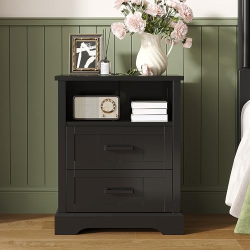 S With Charging Station, Wood Nightstand With 2 Drawers, Bedside Table With Open Storage Shelf For Bedroom, Black