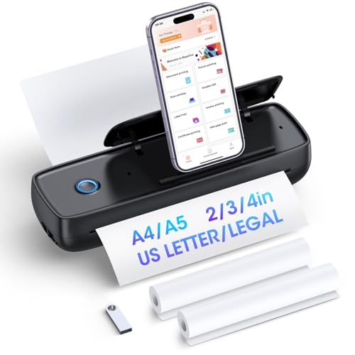 Inkless Portable Printer Wireless for Travel - High Resolution, 4200mAh Battery, Thermal Mini Printer for A4/A5/US Letter, Bluetooth & USB, Lightweight Wireless Printer for Home/Office|Black