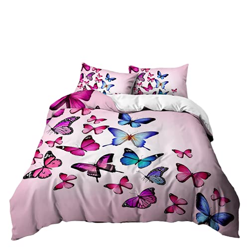 Funda Nordica Cama 90/105/135/150 Juvenil Niños Niñas Corazones Mariposa Estrella Floral Microfibra Funda de Almohada Ropa De Cama 3D 2/3 Piezas Juego De Cama (Rosa A,Cama 105 cm 200x200 cm)