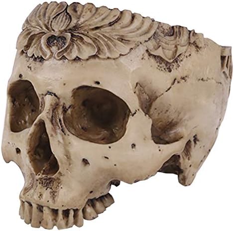 Funnuf Realistic Human Skull Resin Halloween Candy Bowl Flowerpot Dish Statue Sculpture Skeleton, 7.68 Inch, Floral Carved1