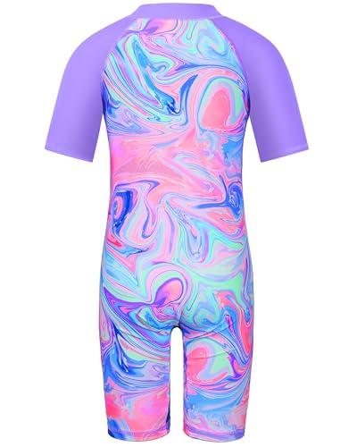 Image of TFJH E Short Sleeve Girls Swimsuits UV 50+ One Pieces Zipper 2-14Y | From beach vacations and pool parties to cruises and water parks, this colorful floral swimsuit is her summer favorite