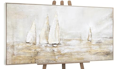 YS Art Pintura abstracta sobre lienzo al oleo en acrílico Deslumbramiento solar Paisaje marino Colores claros con dorado con marco 100x50 cm