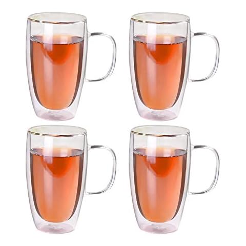 Set of 4 Double Walled Design Glass Tea Coffee Cup with Handles, Heat-Resistant Clear Glass Mug for Hot & Cold Drinks (4pcs 450ML) Cover