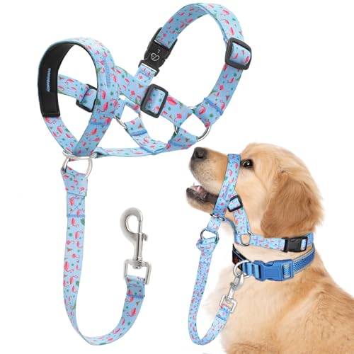 Ezierfy Hundehalfter, bedrucktes No-Pull-Halfter, verstellbares Hundehalfter Mit Gepolstertem Stoff,Verstellbar Und Ziehen verhindert Maulkorbleine (Extra groß, Flamingo blau)