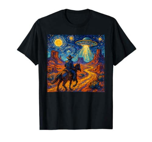 Surreal Space Cowboy UFO Alien Western Trippy Kosmische Kunst T-Shirt