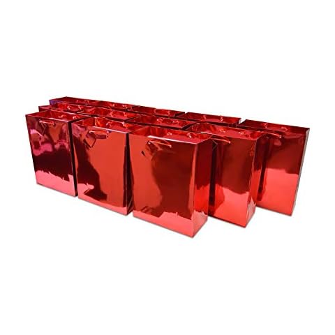 OccasionALL 6x3x7.5 12 Pack Small Metallic Red Gift Bags with Handles, Christmas Gift Wrap Bags, Holidays Gift Wrapping Bags, Seasonal Shopping Bulk Cover