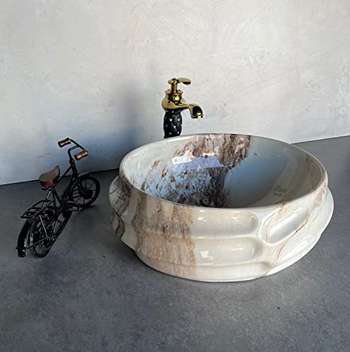 Image of Designer Glossy Finish Ceramic Art Table Top Wash Basin For Bathroom | Collapsible Countertop Washbasin (Black White Glossy Art, 16 x 13 x 6 Inch)