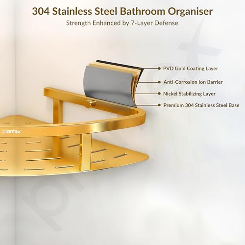 Image of Plantex Corner Shelf for Bathroom Wall /304 Grade Stainless Steel Bathroom Corner Shelf Rack /Bathroom Racks and Shelves /Multipurpose Bathroom Accessories Set Pack of 2 (PVD Gold,9x9 Inches)