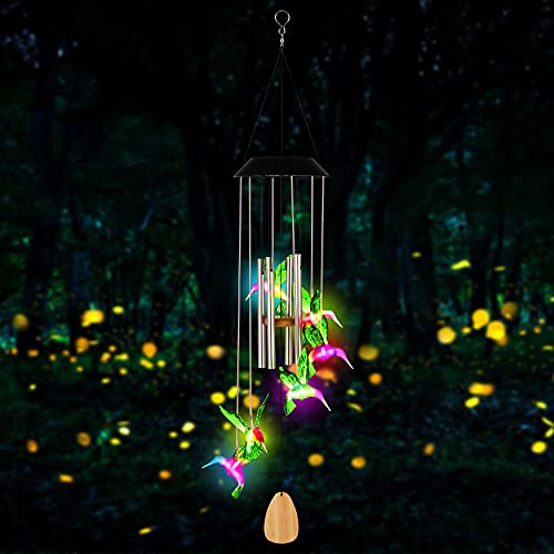 Windyu Wind Chimes, Outdoor Led Solar Wind Chimes, Solar Mobile Lights, Memorial Wind Chimes, Garden Outdoor Romantic Wind Chimes, Mobile Hanging Wind Chimes (Hummingbird H24.4 inch, Colorful)