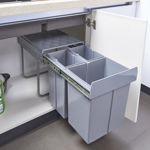 [en.casa] Cubo de Basura Empotrable Froland Grande Capacidad 2x 10 L + 1x 20 L Papelera con 3 Compartimentos Bajo Fregadero Plástico Acero 48 x 34 x 42 cm - Gris