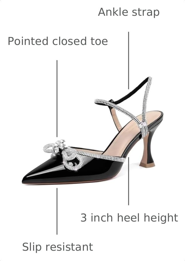 Image of Susanny Women's Closed Toe Rhinstone Wedding Low Heel Slingback Clear Kitten Heels,Adjustable Strap Pointed Toe Bow Pumps High Heeled Prom Dress Shoes