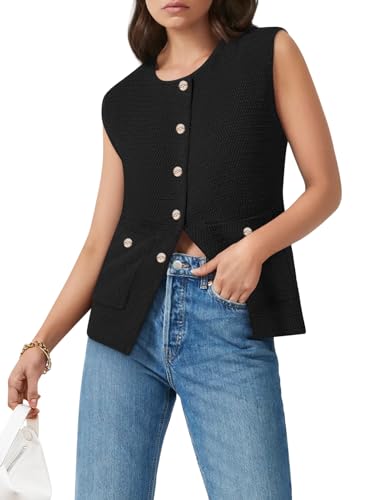 Womens Sleeveless Sweater Vest Button Round Neck...