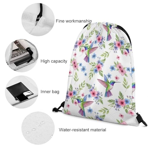 Cute Floral Hummingbird Flowers Drawstring Bag for Adults, Novelty Men Women Lightweight Waterproof Draw String Backpack for Travel, Hiking, 13.8x16.5 Inch4
