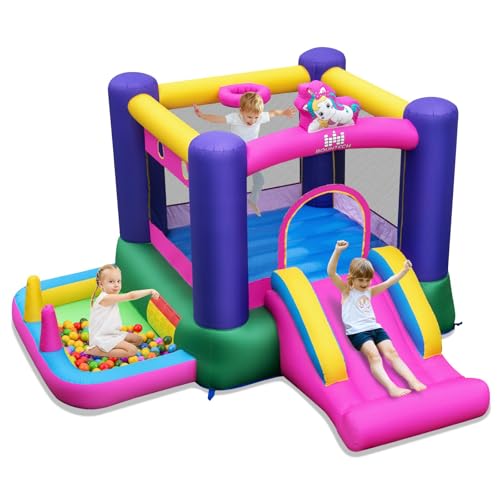 GYMAX Castello Gonfiabile da Interno/Esterno con Scivolo, Piscina di Palline, Canestro da Basket, Anelli e Palline, Centro Gioco per Bambini a Tema Unicorno, per Età 3-12 Anni