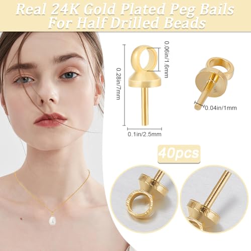 Beebeecraft 1 Box 40Pcs Eye Pin Bail Peg Pendants Real 24K Gold Plated Brass Pearl Cup Eye Pins Small Peg Bails Charm Connectors for Half Drilled Beads Jewelry Making Supplies DIY Crafts 7x5mm - Image 2