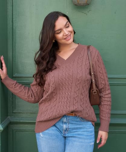 Image of CARCOS Plus Size Sweaters for Curvy Women Long Sleeve Cable V Neck Sweater Knit Pullover Preppy Style Fall Winter XL-5XL