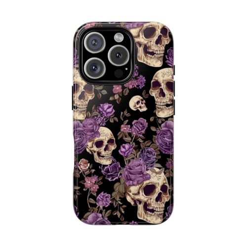 Coque iPhone 16 Pro violette motif roses et crânes en rigidité brillante protectrice