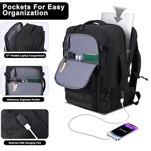 MOZETO TSA Approved Carry On Backpack, Extra Large Tactical Travel Backpack for Men, Airplane Approved Weekender Bag, Water Resistant Lightweight Laptop Daypack for Flight, Black3