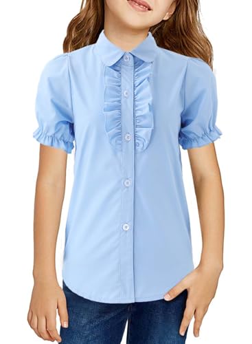 Image of Girls Short Sleeve Button Down Shirts Ruffle School Uniform Crop Tops Peter Pan Collar Plaid Blouse 4-13Y