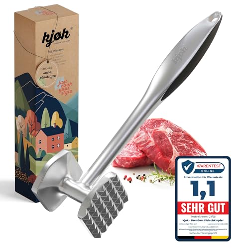 kjøk Premium Attendrisseur de viande en alliage de zinc chromé mat – maillet pour escalopes, steaks et volaille – cuisson uniforme, marinades mieux...