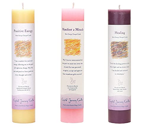 Crystal Journey Reiki Charged Herbal Magic Pillar Candle - Manifestation Bundle (Positive Energy, Manifest A Miracle, Healing) - Handcrafted With Lead-Free Materials #TOP21