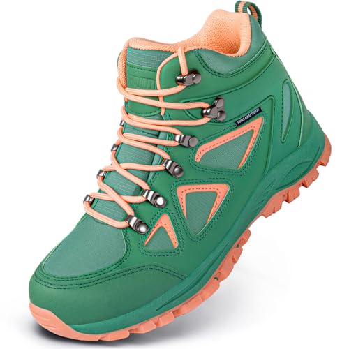 R CORD Kids Hiking Boots Waterproof Slip-on Breathable Durable Outsole All Weather Kids Hiking Shoes Outdoor Play Hiking Trekking GreenPeach 3 Little Kid