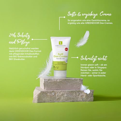 GREENDOOR 50 ml miękki krem dezodoryzujący w tubce, bez aluminium, nie topi się, skuteczny przeciwko zapachom potu, utrzymuje się przez 20 tygodni, naturalnie wegański, unisex, pielęgnujący pachy