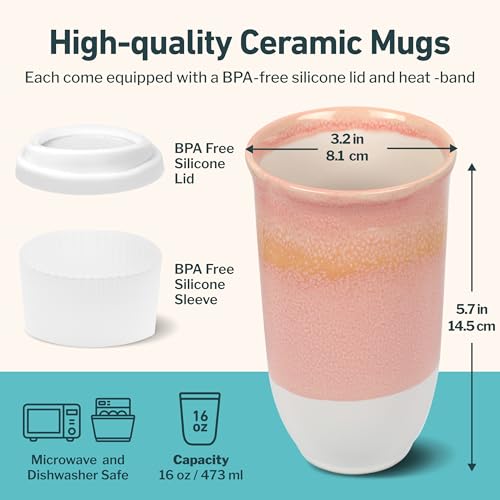 Image of NOVA CERAMICS Travel Mug On the Go Coffee Mug Microwave & Dishwasher Safe Green Tumbler - Gifts For Women Men 16oz Afterglow