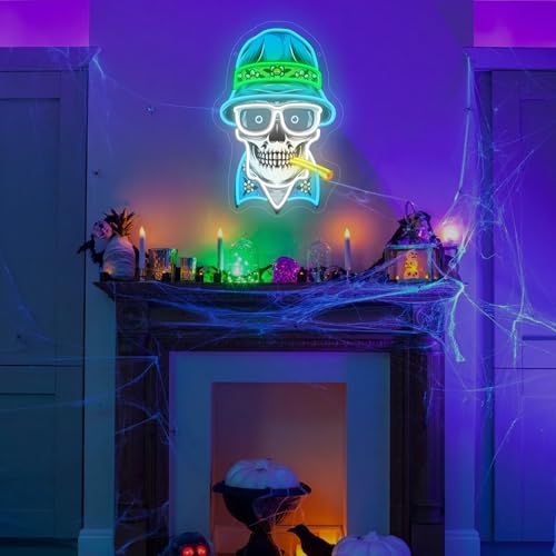 Image of Hats, Bones & Smoke Rings LED Neon Sign USB Powered for Wall Decor, Skull Neon Night Light Sign Dimmable for Boys Room Party Decor Halloween Birthday Gifts